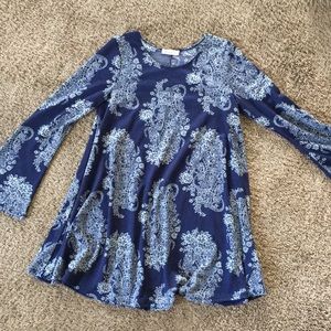 Blue floral pattern bell sleeve dress